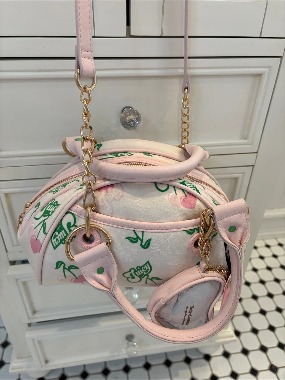NWT Juicy Couture Light Pink Cherry-Print Satchel with Gold Hardware